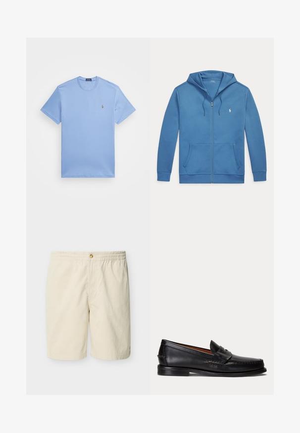 Blå hættetrøje med lynlås foran, forlommer, snøre i hætten og lille hvid Polo Ralph Lauren-logo på venstre bryst.; Lyseblå T-shirt med korte ærmer lavet af blandingsbomuld. Har en rund halsudskæring og et lille broderet logo på venstre bryst.; Beige elastiske shorts med enkelt knaplukning, glat front og længde til midt på låret.; Sort læderloafer med lav hæl og pennyremdetalje, vist fra siden på en lysegrå baggrund.