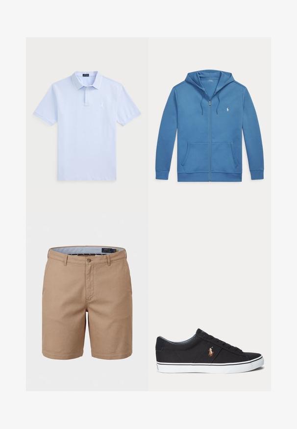 Blå hættetrøje med lynlås foran, forlommer, snøre i hætten og lille hvid Polo Ralph Lauren-logo på venstre bryst.; Lyseblå bomulds polo T-shirt med korte ærmer, klassisk krave, hvide detaljer og et lille logo på venstre bryst.; Beige chino-shorts til mænd med bæltestropper, frontknap, sidelommer og med Polo Ralph Lauren-branding på indersiden af linningen.; Sort lavtopet sneaker med hvid gummisål og broderet brunt hestelogo på siden.