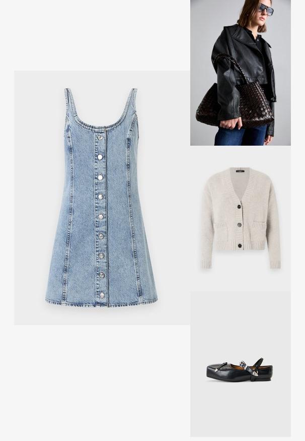 Lysegrå cardigan lavet af blødt, tekstureret stof. Har V-udskæring, ribbet manchetter og kant samt tre sorte knapper og to forlommer.; Denimkjole med en dyb udskæring og tynde stropper. Lys blå stof, A-formet, med frontknapper og synlige syninger.; Sort læderflat sko med firkantet tå, to sølvspænderemme og en lav hæl på en lysegrå baggrund.; DRAGON DIFFUSION SANTA CROCE BIG - Håndtasker - dark brown