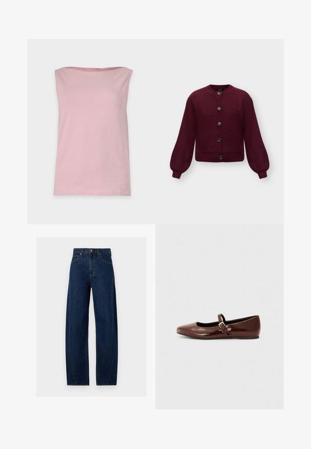 Cardigan en grosse maille à manches longues de couleur rouge foncé avec un col rond et cinq boutons foncés sur le devant.; Haut sans manches rose clair avec encolure droite, design simple et sans motifs ni décorations visibles, présenté sur un fond uni.; Jean denim bleu foncé droit avec bouton et fermeture éclair à l'avant, passants de ceinture et coutures contrastées orange sur les coutures et les poches.; Ballerine en cuir verni marron avec un bout carré et une lanière ornée d'une petite boucle dorée. Texture lisse, talon bas et design minimaliste.