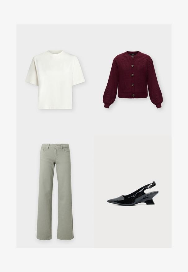 Cardigan en grosse maille à manches longues de couleur rouge foncé avec un col rond et cinq boutons foncés sur le devant.; T-shirt blanc uni à manches courtes, col rond et coupe ample et carrée sur un fond gris clair.; Pantalon droit taille haute vert clair avec ceinture, bouton, fermeture éclair, et poches avant et arrière sur fond blanc.; Chaussure slingback en cuir verni noir avec bout pointu et petit talon bloc incliné sur fond clair uni.