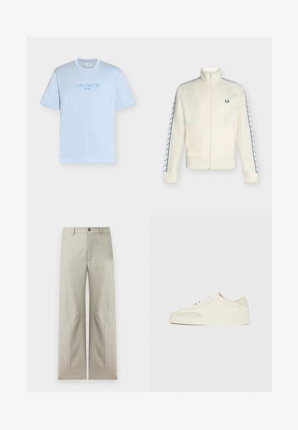 Veste de survêtement crème zippée avec logo laurier vert sur la poitrine et bandes à motifs le long des deux manches.; T-shirt bleu clair à manches courtes et col rond avec le texte « LACOSTE PARIS » brodé en bleu assorti sur la poitrine.; Pantalon formel beige clair à jambes droites, fermeture avec bouton et fermeture éclair, passants pour ceinture, présenté sur un fond blanc.; Baskets en daim blanc à finition lisse, embout rond, design lacé plat, avec des accents texturés contrastants. Comprend un détail de logo subtil.