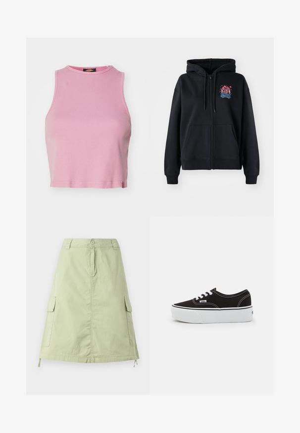 Sudadera con cremallera negra hecha de una mezcla de algodón. Cuenta con capucha, bolsillos frontales y un diseño gráfico colorido en el pecho que representa una llama y olas.; Top corto de canalé rosa con cuello redondo y diseño sin mangas. Presenta un dobladillo que termina justo por encima de la cintura.; Falda de algodón verde claro, hasta la rodilla, con dos bolsillos laterales tipo cargador, cierre de botón y un corte recto relajado. Textura lisa.; Zapatilla de lona negra con suela de plataforma de goma blanca, que presenta cordones y costuras blancas, con branding icónico en el lateral, diseño de corte bajo.