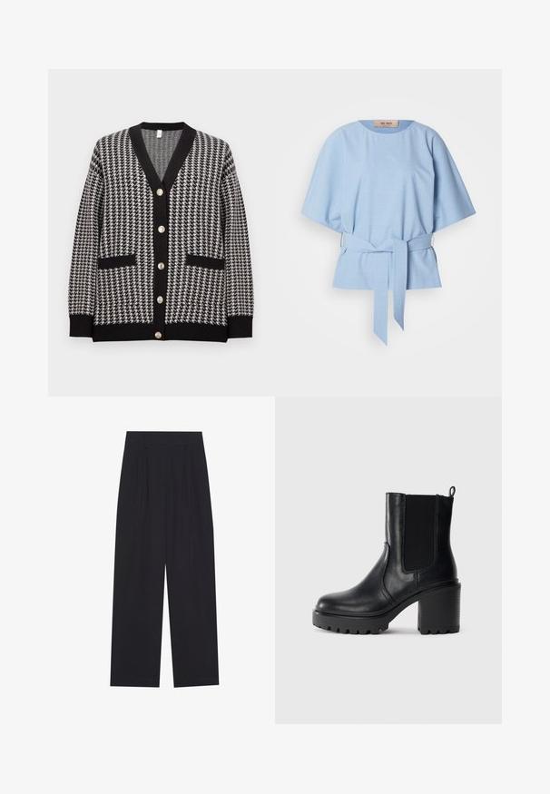 Cárdigan en blanco y negro de cuadro houndstooth con cuello en V, ribete negro, dos bolsillos frontales y seis botones metálicos en el centro.; Top azul claro de manga corta con corte relajado, escote redondo y cinta en la cintura. Fabricado con una tela texturizada que tiene aberturas laterales.; Pantalones anchos negros de tela suave, con pliegues, cinturilla plana y sin bolsillos ni adornos visibles.; Botín de cuero negro hasta el tobillo con tacón ancho, panel lateral elástico y tira de sujeción sobre un fondo ligero y liso.