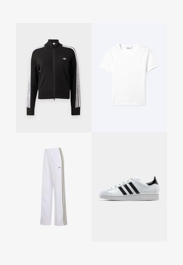 Zwarte jas met rits met witte drie-strepen accenten langs de mouwen en klein wit Adidas trefoil-logo op de linkerborst.; Effen wit T-shirt met korte mouwen en ronde hals met een klein "WEEKDAY" label aan de binnenkant van de hals, plat neergelegd op een lichte achtergrond.; Witte trainingsbroek met beige drie strepen langs de zijden, elastische tailleband, zijritszak en klein Adidas-logo op de linker dij.; Witte sneaker met zwarte gepatineerde accenten, drie zwarte strepen en een rubberen neuzenkap. Voorzien van witte veters en een gladde bovenkant.