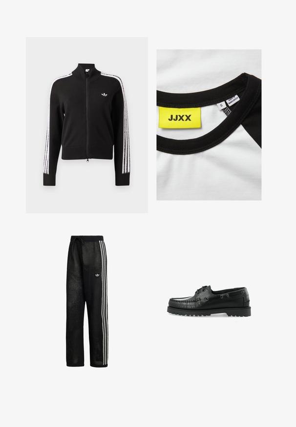 Chaqueta negra con cremallera y detalles de tres franjas blancas a lo largo de las mangas y pequeño logo blanco de Adidas trefoil en el pecho izquierdo.; JJXX JXGIGI LOGO TEE - Camiseta estampada - bright white/black; Pantalones deportivos de malla negra con un ajuste holgado, que cuentan con rayas laterales blancas contrastantes y un logo bordado en el muslo izquierdo. Cintura elástica.; Zapato de barco de cuero negro con un diseño de mocasín, puntera redondeada, costuras decorativas y una suela de goma texturizada con tacos.
