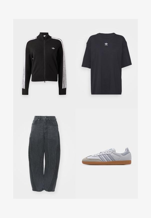 Čierna bunda na zips s bielymi troma pruhmi pozdĺž rukávov a malým bielym logom Adidas trefoil na ľavej strane hrudníka.; Čierne bavlnené tričko s krátkymi rukávmi, okrúhlym výstrihom, na hrudi s bielym logom Adidas. Jednoduchý dizajn, voľný strih.; Voľné čierne denimové džínsy so zosušeným povrchom, piatimi vreckami, zapínaním na gombík v páse a prešívaním na prednej strane a po stranách.; Biele kožené tenisky s svetlomodrými akcentmi, sivým semišovým špičkou a hnedou gumovou podrážkou. Obsahujú tri modré pruhy a branding "Samba".
