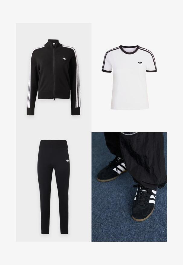 Sort lynlåsjakke med hvide tre-stribede accenter langs ærmerne og lille hvid Adidas trefoil-logo på venstre bryst.; Hvid kortærmet t-shirt med sorte detaljer, der har rund halsudskæring og tre sorte striber på hver skulder. Lille sort logo på brystet.; Sorte højtaljede trænings leggings med hvidt logo på hoften og tre hvide striber, der løber ned ad siderne.; Sorte suedetrainingssko med tre hvide striber og sorte snørebånd. Et tekstureret sort bukser er delvist synligt ved siden af skoene.