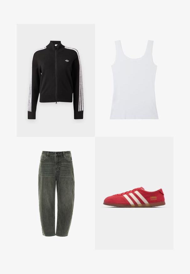 Zwarte jas met rits met witte drie-strepen accenten langs de mouwen en klein wit Adidas trefoil-logo op de linkerborst.; Effen witte mouwloze tanktop met brede schouderbanden en ronde halslijn, weergegeven tegen een witte achtergrond.; Donkergrijze denim jeans met een relaxte pasvorm, voorzien van vijf zakken, een knoopsluiting en subtiele vervaging aan de voorkant en achterkant.; Rode suède sneakers met wit drie-streepdesign, platte zool en gouden logo-detail. Laag uitgesneden ontwerp met ronde neus en vetersluiting.
