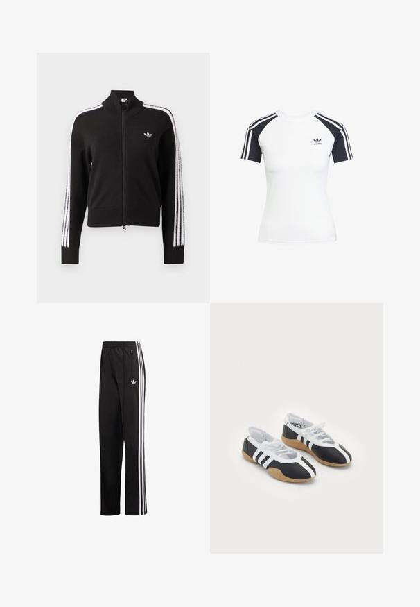 Chaqueta negra con cremallera y detalles de tres franjas blancas a lo largo de las mangas y pequeño logo blanco de Adidas trefoil en el pecho izquierdo.; Camiseta blanca de manga corta con mangas raglán negras. Presenta tres franjas negras en los hombros y un pequeño logo negro de Adidas en el pecho.; Pantalones deportivos negros de tela suave, con rayas verticales blancas en los costados y un pequeño logotipo en la cadera izquierda.; Zapatillas deportivas en blanco y negro con un diseño elegante, suela de goma, cierre de cordones y tres franjas blancas en los lados.