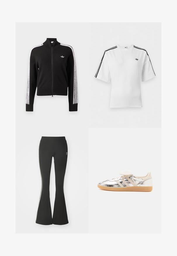 Sort lynlåsjakke med hvide tre-stribede accenter langs ærmerne og lille hvid Adidas trefoil-logo på venstre bryst.; Hvid Adidas T-shirt med korte ærmer, sorte tre-stribe detaljer på skuldrene og Adidas trefoil-logoet på venstre bryst.; Sorte flared leggings lavet af strækstof, med en høj talje og hvide sidestreger. Inkluderer lille logo ved taljen.; Lavtop sneaker med skinnende sølv overdel, beige tre striber, hvide snørebånd og lysebrun gummisål, vist i sidevisning på hvid baggrund.