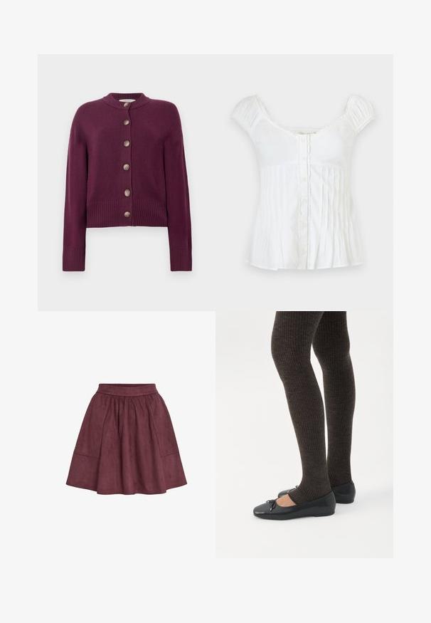 Bordeaux cardigan van zachte stof, met een ronde halslijn, lange mouwen en vijf knoopsluitingen aan de voorkant met geribbelde manchetten.; Witte blouse met korte mouwen, knopen aan de voorkant, vierkante halslijn, geplooide schouders en verticale plooien aan de onderkant.; Bordeaux suède rok met een flared vorm, elastische tailleband en twee zijzakken, met een zachte textuur en minimalistisch ontwerp.; Benen met donkere geribbelde leggings gecombineerd met zwarte ballerina's met kleine strikdetails op een witte achtergrond.