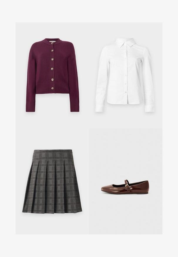 Burgundy cardigan lavet af blødt stof, med rund udskæring, lange ærmer og fem knaplukninger foran med ribbede manchetter.; Hvid skjorte med lange ærmer, knapper, spids krave, lige kant og tætsiddende silhuet, vist på en ensartet lys baggrund.; Plisseret nederdel i et gråt ternet mønster, lavet af et tekstureret stof. Har lodrette pliser og en lige kant.; Brun patentlæder balletflade med firkantet tå og strop med en lille guldbuckle. Glat tekstur, lav hæl og minimalistisk design.