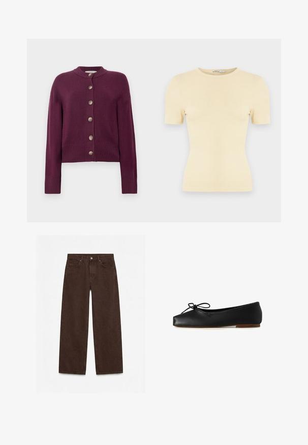Bordeaux cardigan van zachte stof, met een ronde halslijn, lange mouwen en vijf knoopsluitingen aan de voorkant met geribbelde manchetten.; Lichtgele geribbelde T-shirt met korte mouwen en een ronde halslijn, met een aansluitende pasvorm, zachte textuur en minimalistisch ontwerp.; Donkerbruine hoge taille rechte broek met knoop aan de voorkant, rits, riemlussen en ontwerp met vijf zakken.; Zwarte leren ballerina met een ronde neus en een strikdetail aan de voorkant. Voorzien van een lage houten hak en een gladde textuur.