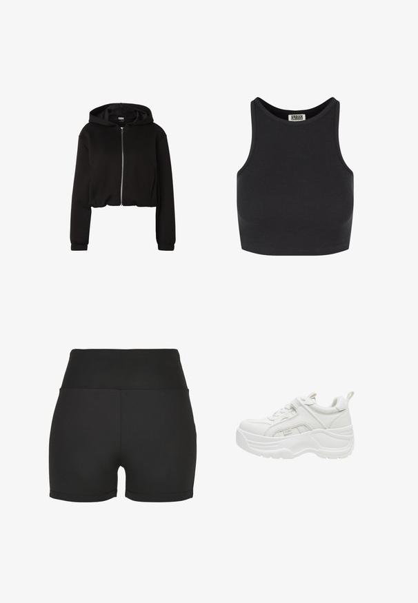 Čierna krátka mikina s predným zipsom, dlhými rukávmi, elastickými manžetami a bočnými vreckami, zobrazená na bielom pozadí.; Čierny rebrovaný crop top bez rukávov. Má zaoblený výstrih a hladkú textúru. Na vnútornej strane výstrihu je viditeľná etiketa.; Čierne športové šortky s vysokým pásom vyrobené z hladkého, elastického materiálu. Majú hladké švy a priliehavý dizajn, ideálne na aktívne nosenie.; Biely robustný teniska s hrubou podrážkou, so šnurovaním vpredu, polstrovaným golierom a ťahákom na päte.