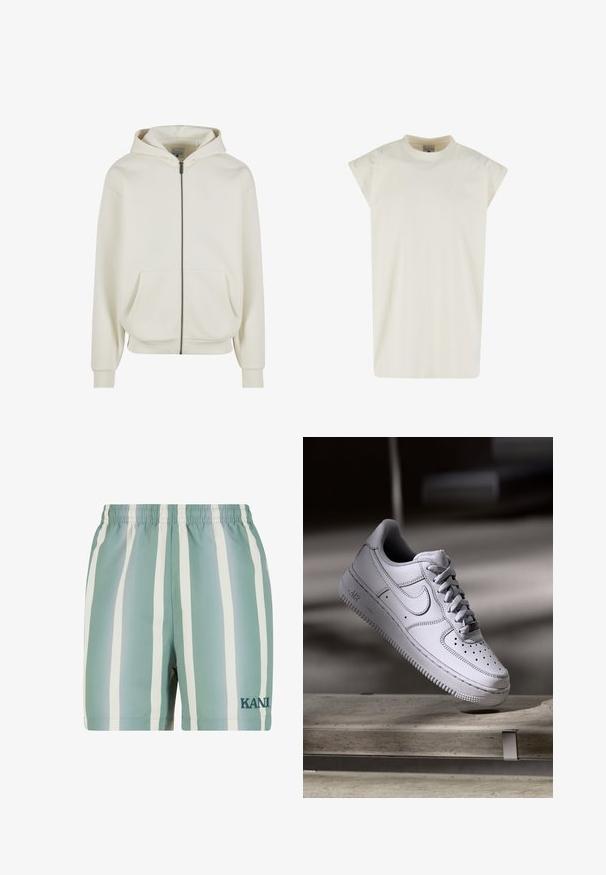 Cremefarbener Hoodie mit Reißverschluss, Kordelzugkapuze, Fronttaschen, gerippten Bündchen und Saum, mit einem kleinen gestickten Logo auf der linken Brust.; Elfenbeinfarbendes ärmelloses Kleid mit rundem Ausschnitt und dezent gesticktem Logo mittig auf der Brust.; Minzgrüne Badehose mit weißen vertikalen Streifen. Verfügt über einen elastischen Bund und ein gesticktes 'KANI'-Logo in dunkelgrün. Glatte Textur.; Weißer Nike Air Force 1 Sneaker aus Leder mit perforierter Zehenpartie, flachen Schnürsenkeln und strukturierter Gummisohle mit "AIR"-Branding an der Seite.