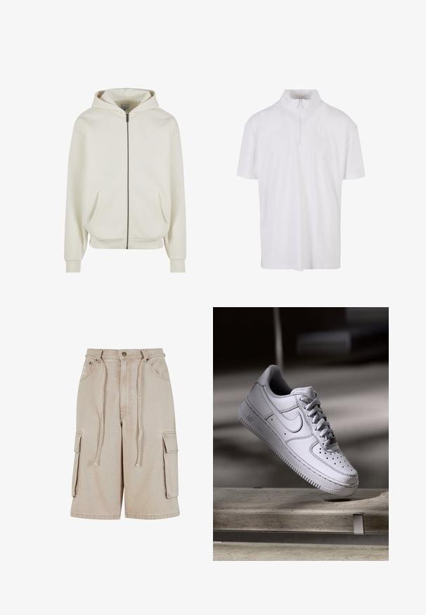 Sudadera con capucha color crema con cremallera, capucha con cordón, bolsillos frontales, puños y dobladillo acanalados, con un pequeño logo bordado en el pecho izquierdo.; Camisa blanca de manga corta con un alto cuello y cierre de cremallera en el cuarto. Fabricada con un tejido suave y ligero, con un corte holgado.; Pantalones cortos cargo beige de algodón con cintura con cordón, dos bolsillos laterales y un bolsillo lateral adicional, que presentan detalles de costura visibles.; Zapatilla Nike Air Force 1 de cuero blanco que presenta una puntera perforada, cordones planos y una suela de goma texturizada con la marca "AIR" en el lateral.
