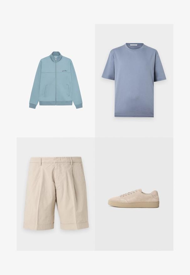 Veste bleu clair zippée avec col montant, deux poches avant, poignets côtelés et petit logo texte noir sur la poitrine gauche.; T-shirt à manches courtes et col rond uni bleu sourd, présenté en vue de face sur un fond blanc.; Shorts beige jusqu'au genou avec passants de ceinture, poches latérales, plis sur le devant et ourlet retroussé.; Baskets en daim beige avec un bout rond, des lacets plats et une semelle en caoutchouc texturé. Design minimaliste avec des bords lisses et des coutures discrètes.