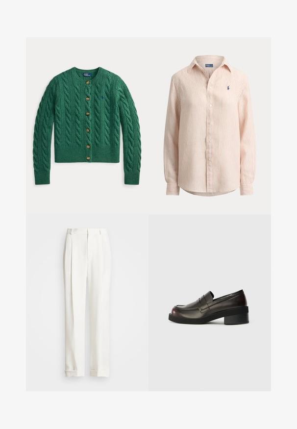 Cardigan vert en maille torsadée avec manches longues, boutons en bois sur le devant et col rond.; Chemise à manches longues à rayures verticales rose clair et blanc, avec boutons sur le devant, col et petit logo bleu foncé brodé sur la poitrine.; Pantalons blancs ajustés avec deux plis avant, coupe droite et ourlets repliés. Fabriqués en tissu lisse, présentant un design classique.; Mocassins en cuir marron foncé avec un bout arrondi, des détails cousus et un talon bloc modéré. Texture lisse, design minimaliste.