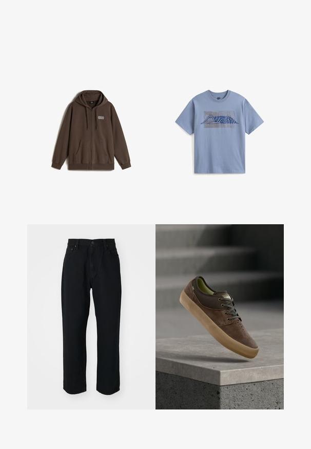 Vans EARTHBOUND LOOSE FIT FULL - Sweatjacke - dark brown; Himmelblaues T-Shirt mit kurzen Ärmeln und einem Grafikdruck eines blauen und grauen abstrakten Wellen- und Schachbrettmusters auf der Vorderseite.; Schwarze Denim-Jeans mit geradem Schnitt, leichtem Material, fünf Taschen und Knopfverschluss an der Taille.; Brauner Wildleder- und Canvas-Casual-Sneaker mit beige-gummisohle, Schnürsenkeln und perforierter Zehenpartie, über einer Betonplatte positioniert.