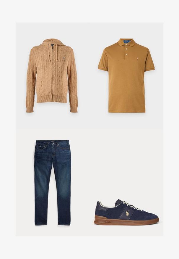 Beiger Strick-Kapuzenpullover mit Zipper, vorderen Taschen, Kordelzugkapuze, geripptem Saum und Bündchen sowie kleinem, besticktem Logo auf der Brust.; Braunes Poloshirt mit kurzen Ärmeln, Kragen, drei Knöpfen und kleinem gesticktem Logo auf der linken Brust.; Dunkelblaue Denim-Jeans mit fünf Taschen, Reißverschluss und Knopfverschluss, flach auf einem weißen Hintergrund ausgelegt.; Marineblaue Low-Top-Sneaker mit weißen Schnürsenkeln, brauner Sohle und Polo-Spieler-Logo an der Seite, von links betrachtet.