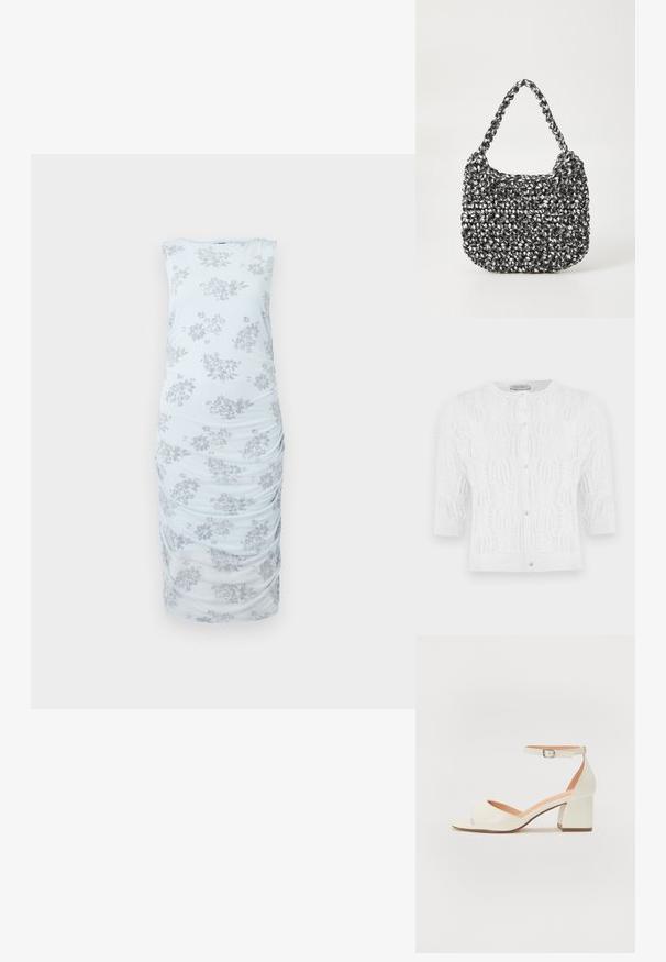 Hvid strikket cardigan med korte ærmer, rund halsudskæring, perleknapper foran og delikate hulmønstre.; Lyseblå ærmeløs kjole med et blomstermønster i grå. Har samlede detaljer langs siderne og en tætsiddende silhuet. Glat stofstruktur.; Lys cremefarvet hælesandal med ankelrem, åben tå og blokhæl. Glat lædertekstur med minimalistisk design.; Vævet håndtaske i sort og hvid med en rund form, tekstureret overflade og et fletet håndtag. Velegnet til afslappet brug.
