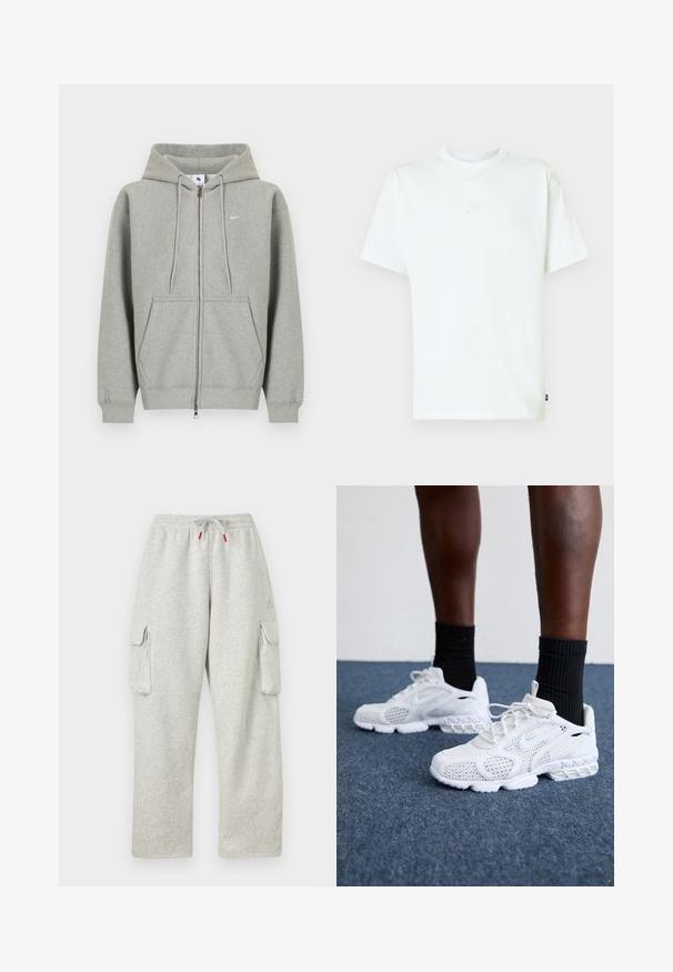 Sivá mikina na zips z mäkkého materiálu, s predným vreckom, kapucňou so šnúrkami a malým bielym logom na ľavej strane hrudníka.; Biele bavlnené tričko s okrúhlym výstrihom, krátkymi rukávmi a malým vyrazeným logom Nike na hrudi. Mäkká textúra a voľný strih.; Svetlosivé tepláky s elastickým pásom, šnúrkou s červenými koncami a veľkými klopovými vreckami na oboch stehnách.; Biele športové topánky s priedušnou sieťovinou, textúrovanými akcentmi a polstrovanou podrážkou. Kombinované s čiernymi rebrovanými členkovými ponožkami na modrom kobercovom povrchu.