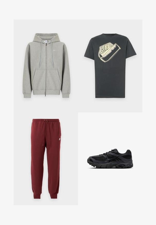 Grijze hoodie met ritssluiting gemaakt van zacht materiaal, met een zak aan de voorkant, een capuchon met trekkoord en een klein wit logo op de linkerborst.; Donkergrijs katoenen T-shirt met een ronde halslijn. Voorzijde heeft een groot, gestileerd "Nike"-logo in een lichtere kleur.; Bordeauxkleurige sweatpants van zachte stof, met een elastische tailleband met aantrekkoord en taps toelopende boorden, gemarkeerd met een klein wit logo.; Zwarte en donkergrijze Nike hardloopschoen met meshstof, suède overlays, een gedempte zool en zichtbare luchtunits in de hiel en voorvoet.