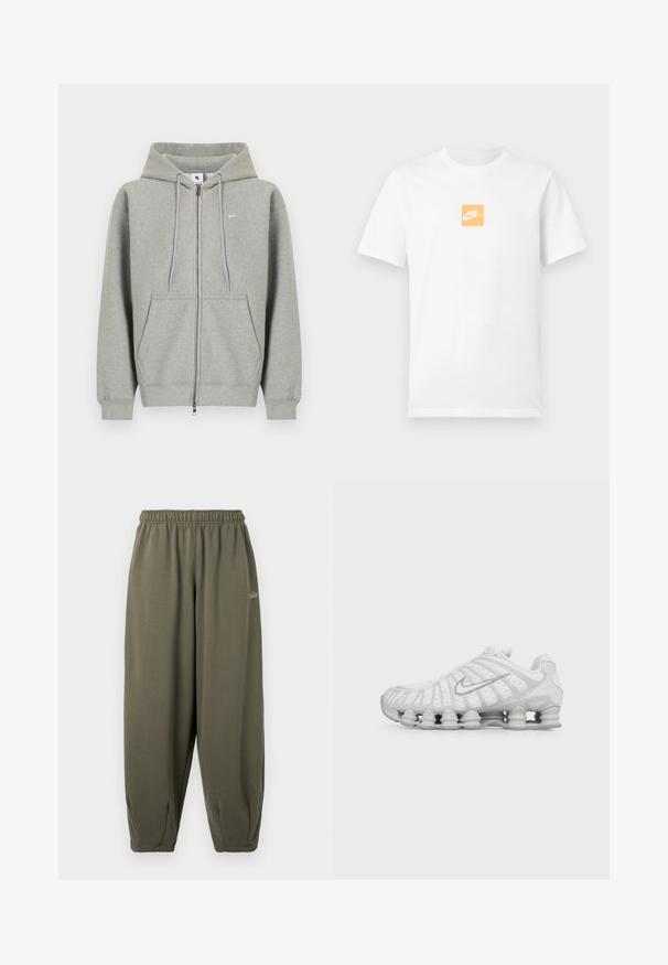 Grå hættetrøje med lynlås lavet af blødt materiale, med frontlomme, snøre i hætten og lille hvidt logo på venstre bryst.; Hvid kortærmet bomuldst-shirt med lille orange firkant på brystet, der har hvidt Nike-logo og swoosh.; Grågrønne sweatpants med elastisk talje og manchetter. Har minimal branding i matchende tråd på siden. Blød tekstur.; Hvid Nike løbesko med synlig luftstøbt sål og sølv swoosh-logo på siden, vist fra ydersiden.