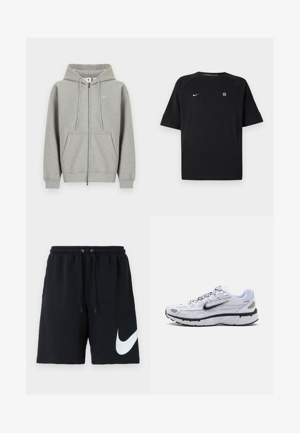 Sivá mikina na zips z mäkkého materiálu, s predným vreckom, kapucňou so šnúrkami a malým bielym logom na ľavej strane hrudníka.; Čierne športové tričko Nike s krátkym rukávom a bielym logom swoosh na ľavej strane hrude a malým štvorcovým emblémom na pravej strane hrude, jednofarebné pozadie.; Čierne bavlnené šortky s elastickým pásom, šnúrkou, bočnými vreckami a veľkým bielym logom Nike potlačeným na ľavej strane.; Biele bežecké topánky s textilným zvrškom, zaoblenou špičkou, čiernymi akcentmi a vzorovanou podrážkou. Obsahujú šnurovanie a značku na boku.