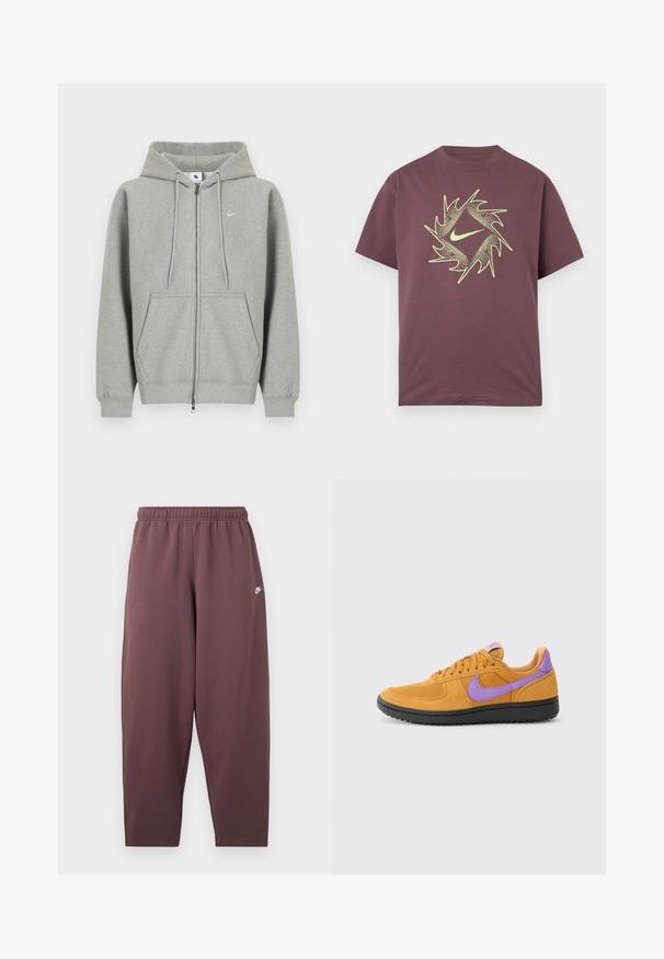 Grå hættetrøje med lynlås lavet af blødt materiale, med frontlomme, snøre i hætten og lille hvidt logo på venstre bryst.; Kortærmet bordeaux T-shirt med et abstrakt, neon gult, spidset cirkeldesign og en central swoosh-logo på brystet.; Løse mørkelilla sweatpants med elastisk talje og lille hvid Nike swoosh-logo på øverste lår.; Orange ruskinds sneakers med lilla accenter, med snørebånd, rund tå og struktureret sort gummisål.