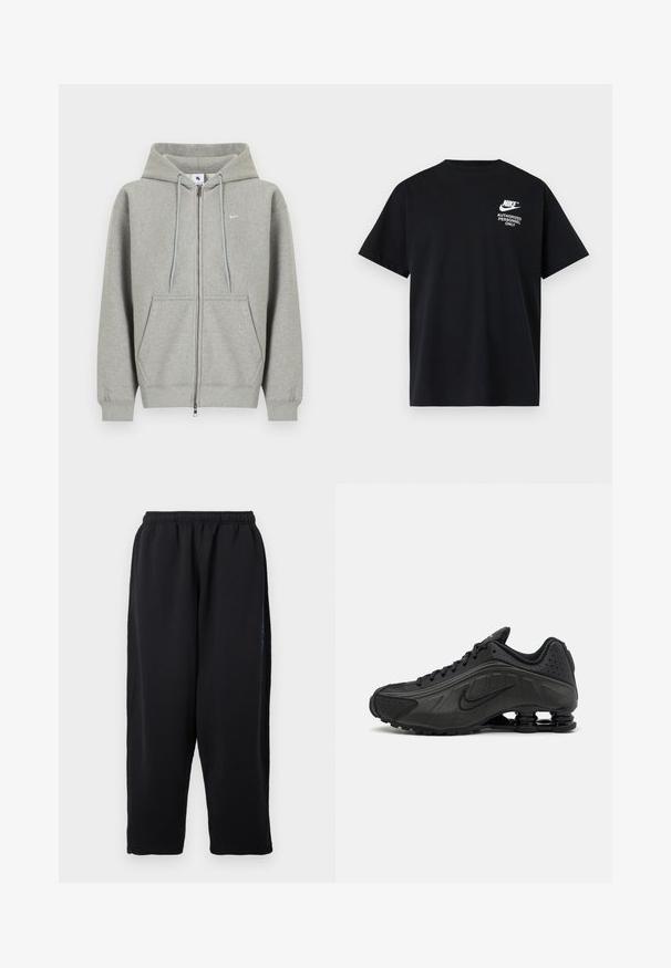 Sivá mikina na zips z mäkkého materiálu, s predným vreckom, kapucňou so šnúrkami a malým bielym logom na ľavej strane hrudníka.; Čierne tričko Nike s krátkym rukávom, s bielym textom "Authorized Personnel Only" a logom na hornej ľavej časti hrude.; Čierne tepláky z mäkkej látky, s elastickým pásom, širokými nohavicami a bočnými vreckami s jemnými modrými akcentmi.; Čierne bežecké topánky s hladkým syntetickým zvrškom, perforovanými akcentmi, textúrovanými bočnými panelmi a výraznou pružnou podrážkou.