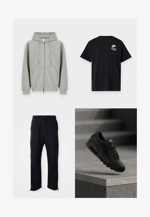 Sweat à capuche gris zippé en matière douce, avec une poche avant, une capuche à cordon et un petit logo blanc sur le côté gauche de la poitrine.; T-shirt noir à manches courtes Nike avec texte blanc "Authorized Personnel Only" et logo sur la partie supérieure gauche de la poitrine.; Pantalons de sport noirs avec taille élastique et cordon de serrage, dotés de poches latérales, de jambes fuselées et de zips aux chevilles. Texture lisse.; La chaussure Nike Air Max 90 noire présente une combinaison de matériaux en cuir et en mesh, des lacets ronds, et une unité d'air visible sur la semelle.