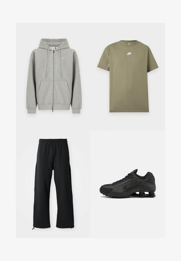 Sudadera con capucha gris con cremallera, hecha de material suave, con bolsillo frontal, capucha con cordón y pequeño logo blanco en el lado izquierdo del pecho.; Camiseta Nike de manga corta y cuello redondo en verde oliva con logo blanco en el pecho sobre un fondo liso gris claro.; Pantalones de pierna ancha negros, elaborados con una tela suave, que cuentan con una cintura elástica y cordón, además de bolsillos laterales y una textura lisa.; Zapatillas de running negras con un upper sintético liso, detalles perforados, paneles laterales texturizados y una suela distintiva y elástica.