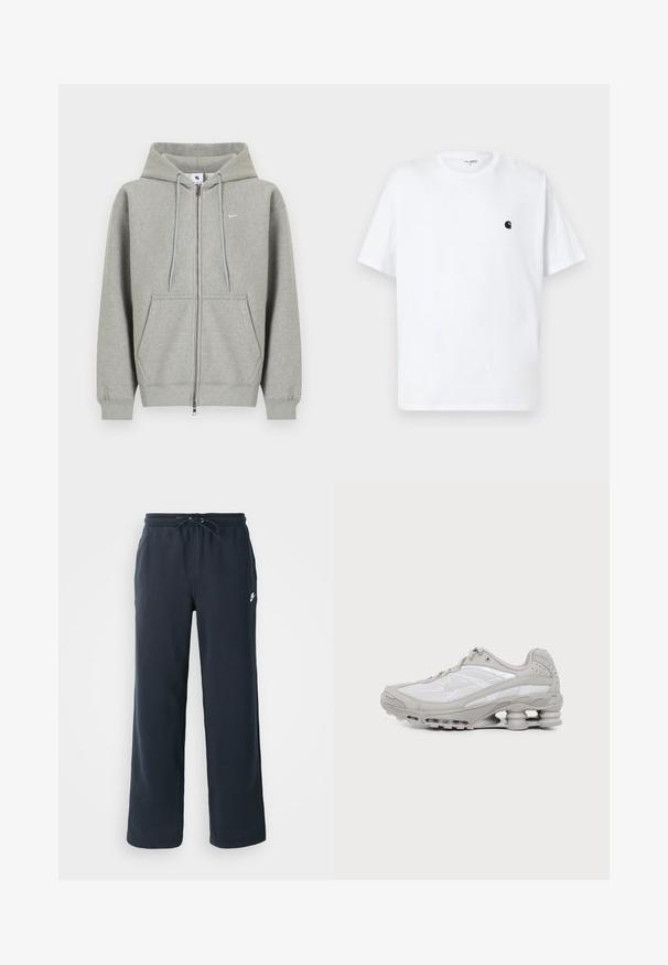 Sudadera con capucha gris con cremallera, hecha de material suave, con bolsillo frontal, capucha con cordón y pequeño logo blanco en el lado izquierdo del pecho.; Camiseta blanca de manga corta con cuello redondo, con pequeño logo negro en el pecho izquierdo, diseño sin estampados, colocada plana sobre un fondo claro.; Pantalones de chándal azul marino oscuro con cintura elástica y cordón. Hechos de tela suave, presentan un pequeño logo blanco en la cadera izquierda.; Zapatilla deportiva gris y blanca con suela visible de amortiguación de aire y paneles de malla, mostrada de perfil sobre un fondo claro y sencillo.