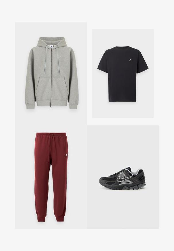 Grå hættetrøje med lynlås lavet af blødt materiale, med frontlomme, snøre i hætten og lille hvidt logo på venstre bryst.; Sort Nike Air T-shirt med korte ærmer, rund halsudskæring og lille hvidt logo på venstre bryst.; Bordeaux sweatpants lavet af blødt stof, med en elastisk talje med snor og tapered manchetter, prydet med et lille hvidt logo.; Sort atletiksko med meshpaneler og syntetiske detaljer. Har en rundet tå, tyk polstret sål og kontrasterende hvide logodetaljer.