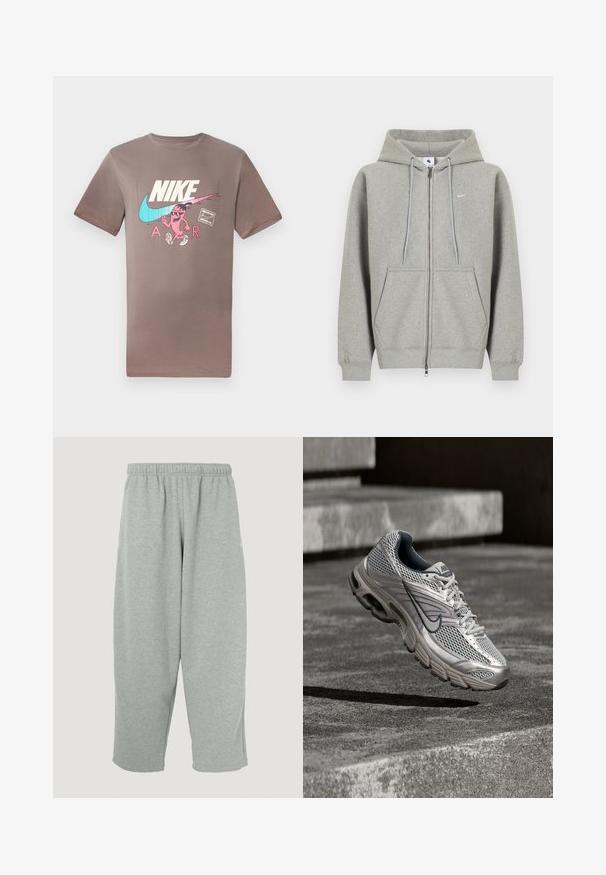 Sudadera con capucha gris con cremallera, hecha de material suave, con bolsillo frontal, capucha con cordón y pequeño logo blanco en el lado izquierdo del pecho.; Camiseta de algodón marrón con un gráfico colorido de un personaje con gafas de sol, junto a los logos de Nike y Air en colores contrastantes.; Pantalones deportivos gris claro con cintura elástica, diseño de pernera ajustada y textura suave. Sin marcas visibles ni patrones.; Zapatilla de correr Nike en plata y gris suspendida en el aire sobre escalones de hormigón, mostrando detalles de la parte superior de malla y la suela acolchada.
