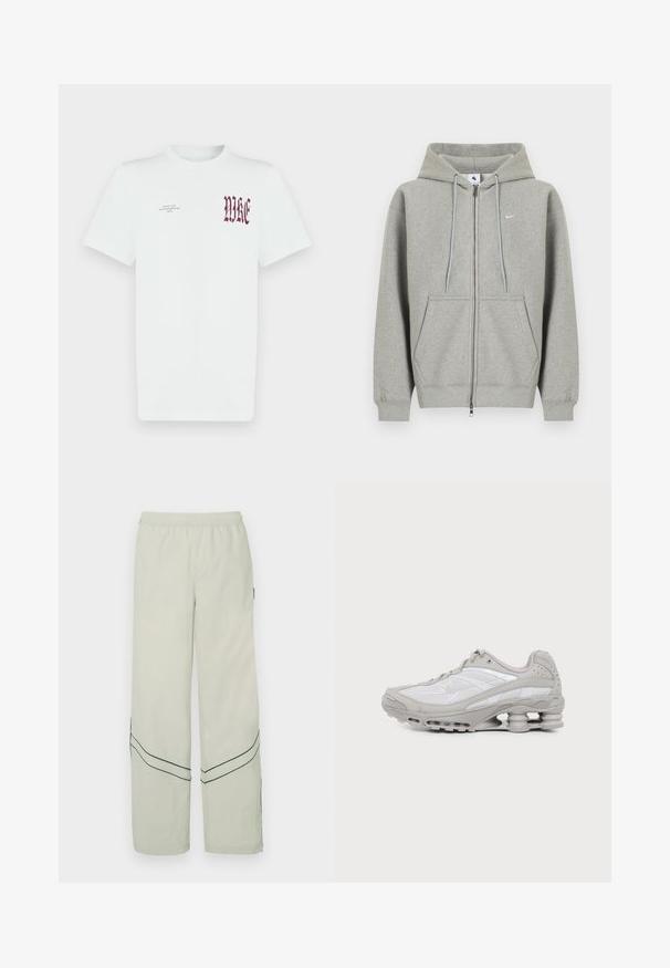 Gray zip-up hoodie made of soft material, featuring a front pocket, drawstring hood, and small white logo on the left chest.; White cotton t-shirt featuring red "NIKE" graphic and text on the left chest. Short sleeves and crew neck design, smooth texture.; Light green loose-fitting pants with an elastic waistband, featuring dark green diagonal lines and a simple design. Smooth, lightweight fabric.; Gray and white athletic sneaker with visible air cushion sole and mesh panels, shown in profile on a plain light background.