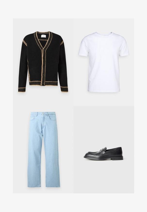Cardigan en maille noire avec détails de bordure beige cousue, cinq boutons noirs sur le devant et manches longues.; T-shirt blanc à manches courtes en tissu de coton avec un col rond. Design simple sans motifs ni accents. Texture lisse.; Jean droit en denim bleu clair avec fermeture avant par bouton et zip, passants de ceinture et style cinq poches.; Mocassins en cuir noir avec une finition texturée, dotés d'une bride décorative à l'avant et d'un bout arrondi. Semelle en caoutchouc pour plus de durabilité.