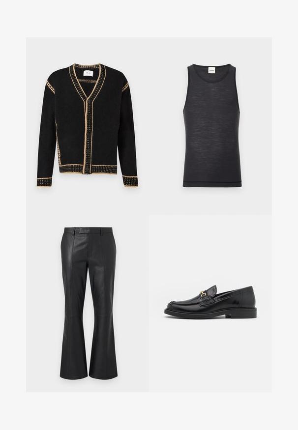 Sort strikket cardigan med beige syning langs kanterne, fem sorte knapper foran og lange ærmer.; Sort ærmeløs tanktop lavet af let materiale, med en rund halsudskæring og en subtil tekstur, samt en kontrastdetalje i kanten.; Sorte læderbukser med en mellemhøj talje, bæltestropper, detaljerede syninger foran og en subtil flare nederst ved benene.; Sorte læder loafers med en rund tå, der har guld hardware accent og syningsdetaljer, placeret på en lav, tekstureret gummisål.
