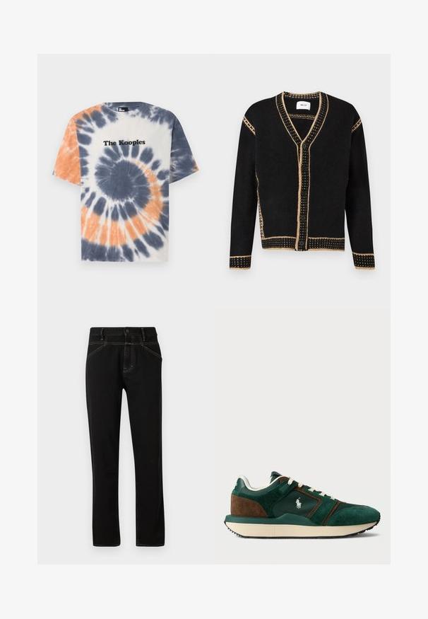 Cárdigan de punto negro con detalles de ribete beige cosido, cinco botones negros en el frente y mangas largas.; Camiseta de algodón con un patrón de tie-dye en azul, naranja y blanco, con cuello redondo y el logo de "The Kooples" en negro en el pecho.; Vaqueros de mezclilla negros con corte recto, con costuras amarillas, cinco bolsillos y cierre de botón en la parte delantera. Textura suave y diseño minimalista.; Zapatillas de hombre en ante verde oscuro y marrón, con paneles de malla, cordones blancos y suela de goma. Presenta un logo en el lateral.
