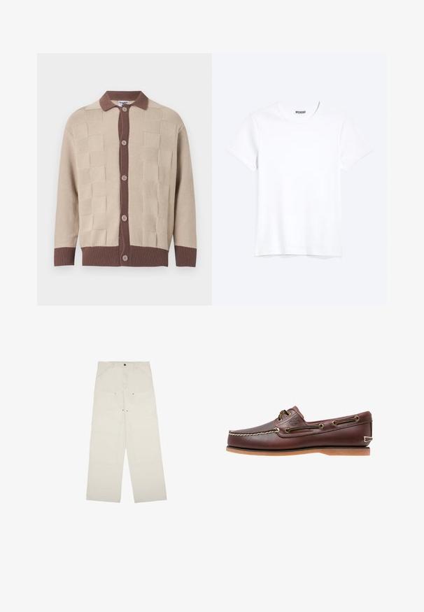 Cardigan en maille beige avec motifs carrés texturés, patte de boutonnage marron, col, poignets et ceinture, avec cinq boutons beiges sur le devant.; T-shirt blanc uni à manches courtes et col rond avec une étiquette de la marque WEEKDAY visible au niveau du col, présenté sur un fond clair.; Pantalons larges beige clair en coton, dotés de poches avant, d'une fermeture à un bouton et de détails de couture visibles.; Chaussure bateau en cuir marron avec coutures blanches, détails de lacets et semelle en caoutchouc beige, vue de côté sur fond blanc.