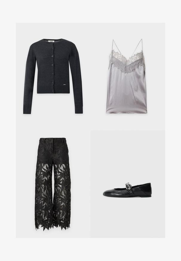 Cardigan gris foncé à manches longues avec boutons, col rond et petite étiquette près de l’ourlet inférieur à l’avant.; Caraco en satin argenté avec bordure en dentelle le long du décolleté en V et fines bretelles spaghetti sur un fond uni.; Pantalon noir avec un motif de dentelle à feuilles, coupe large et tissu transparent. Les bords sont festonnés, mettant en valeur les détails complexes.; Ballerines en cuir noir avec un bout pointu, dotées d'une sangle avec une boucle métallique circulaire et d'une semelle plate.