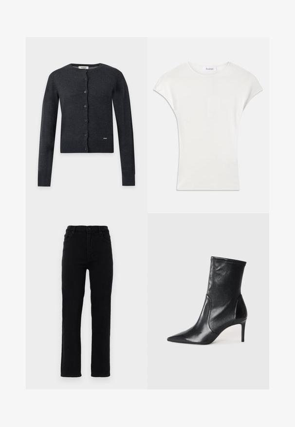 Cardigan gris foncé à manches longues avec boutons, col rond et petite étiquette près de l’ourlet inférieur à l’avant.; Chemise blanche à manches courtes en tissu côtelé doux. Encolure ras du cou ; coupe décontractée avec des manches légèrement bouffantes. Étiquette de la marque visible au niveau de l'encolure.; Jeans en denim noir avec des jambes droites, une taille mi-haute et cinq poches. Comprend une fermeture à bouton à l'avant et des passants de ceinture.; Bottes noires à la cheville en cuir lisse, dotées d'un bout pointu, d'un tige ajustée et d'un talon haut fin. Design minimaliste sans quincaillerie visible.