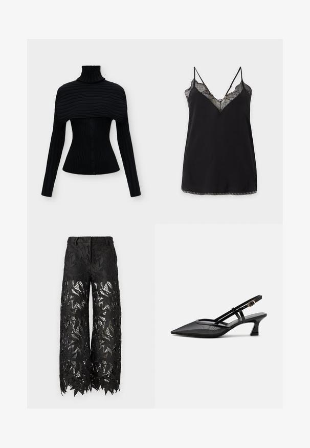Pull noir en maille côtelée avec fermeture boutonnée devant, manches longues, col montant et détail de cape large aux épaules attaché.; Caraco noir avec bordure en dentelle à l'encolure et à l'ourlet, avec des fines bretelles réglables et un panneau supérieur en dentelle transparente.; Pantalon noir avec un motif de dentelle à feuilles, coupe large et tissu transparent. Les bords sont festonnés, mettant en valeur les détails complexes.; Chaussure slingback noire à bout pointu avec tige en mesh, fines brides, boucle dorée et petit talon incurvé sur fond blanc.