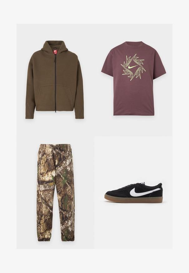 Sudadera marrón con cremallera, capucha grande, bolsillos delanteros y detalles reflectantes en las mangas. Hecha de tela suave con un acabado texturizado.; Camiseta de manga corta color burdeos con un diseño abstracto circular espinado en neón amarillo y un logo central de swoosh en el pecho.; Pantalones de chándal de camuflaje con un patrón natural en tonos marrón y verde, que cuentan con una cintura elástica con cordón y puños elásticos en los tobillos.; Zapatillas de skate de ante negro con el logotipo de Nike en blanco, puntera redonda y suela de goma. Presentan un diseño con cordones planos y un collar acolchado.
