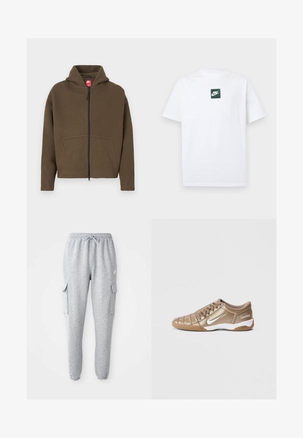 Brauner Kapuzenpullover mit Reißverschluss, großer Kapuze, Vorderentaschen und reflektierenden Akzenten an den Ärmeln. Hergestellt aus weichem Stoff mit strukturierter Oberfläche.; Weißes Nike-T-Shirt mit kurzen Ärmeln, versehen mit einem kleinen grünen quadratischen Logo, das den Nike-Swoosh und Text in der Brustmitte zeigt.; Graue Sweatpants aus weichem Material, mit elastischem Bund und Kordelzug, zwei seitlichen Cargo-Taschen und schmal zulaufenden Bündchen.; Nike Total 90 III Fußballschuhe in metallischem Gold mit weißem Swoosh, mit glatter Textur, Schnürverschluss und Gummisohle.