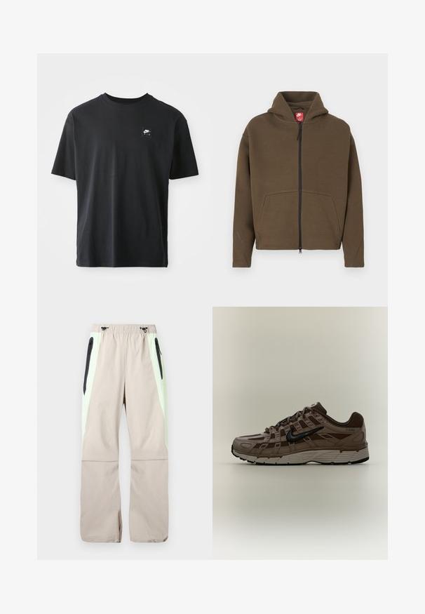 Sudadera marrón con cremallera, capucha grande, bolsillos delanteros y detalles reflectantes en las mangas. Hecha de tela suave con un acabado texturizado.; Camiseta de algodón negra con mangas cortas, cuello redondo, que presenta un pequeño logo rectangular con "NIKE AIR" en blanco en el lado izquierdo del pecho.; Pantalones beige con paneles laterales verde claro, bolsillos en el muslo con cremallera negra y cintura elástica con cordones negros.; Zapatilla Nike P-6000 en marrón y beige con logo negro, paneles laterales de malla y suela blanca acolchada sobre fondo neutro.