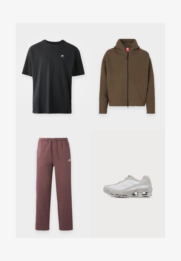 Brauner Kapuzenpullover mit Reißverschluss, großer Kapuze, Vorderentaschen und reflektierenden Akzenten an den Ärmeln. Hergestellt aus weichem Stoff mit strukturierter Oberfläche.; Schwarzes Baumwoll-T-Shirt mit kurzen Ärmeln und Rundhalsausschnitt, das ein kleines rechteckiges Logo mit "NIKE AIR" in Weiß auf der linken Brust zeigt.; Braune Nike-Sweatpants mit elastischem Bund und Kordelzug, mit kleinem weißem Nike-Logo am linken Oberschenkel.; Grauer und weißer Sportschuh mit sichtbarer Luftpolstersohle und Mesh-Einsätzen, im Profil auf einfachem hellem Hintergrund gezeigt.