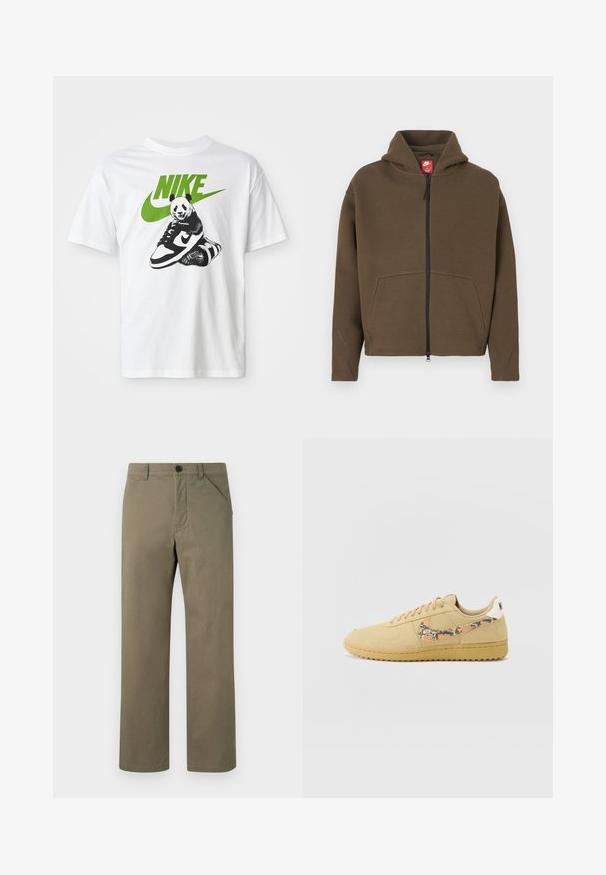 Brun hættejakke med lynlås, stor hætte, frontlommer og reflekterende detaljer på ærmerne. Lavet af blødt stof med en tekstureret finish.; Hvid bomulds t-shirt med et sort-hvidt panda grafik, der holder en Nike sneaker, med et grønt Nike-logo ovenfor.; Lyse olivengrønne bukser lavet af glat, robust stof. Har en knap- og lynlås-lukning, sidelommer og en lige ben-design.; Tan ruskinds sneakers med et struktureret orange og sort mønster på swooshen, flade snørebånd og en hvid hælflap med brandnavnet.